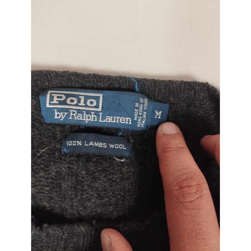 Vintage Polo Ralph Lauren Men M Grey Lambswool Sweater Purple Pony 90s - Picture 3 of 4